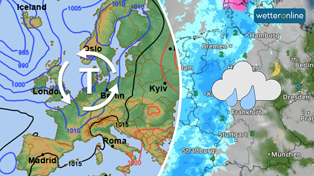 Wetterlage mit Tief und WetterRadar mit aufziehendem Regen