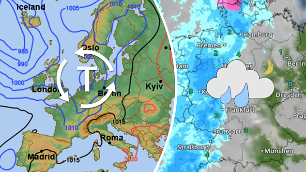 Wetterlage mit Tief und WetterRadar mit aufziehendem Regen