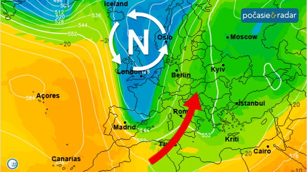 Mapa Európy s tlakovou nížou nad severom a prúdením vzduchu do strednej Európy