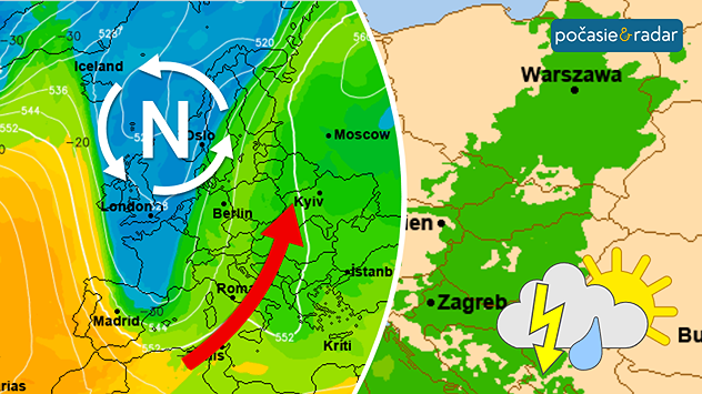 Mapa Európy s tlakovou nížou a šípkou prúdenia, vpravo mapa CAPE s búrkami