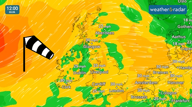 Wind forecast for 12:00 on 03.09 showing widespread 25-30 mph winds across the UK and Ireland, including Glasgow, Cork, Liverpool, and London.