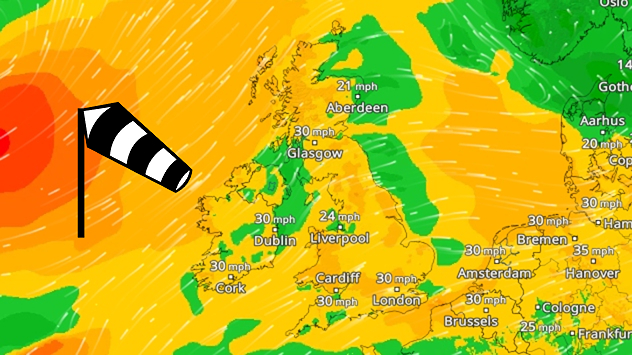 Wind forecast showing widespread 25-30 mph winds across the UK and Ireland, including Glasgow, Dublin, Cork, Cardiff, and London, with a windsock symbol.
