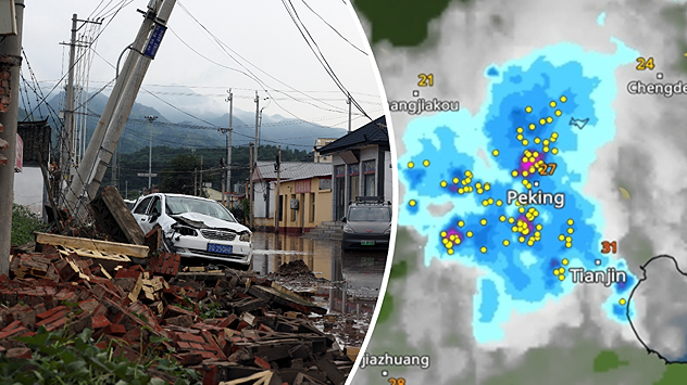 Links: puin op een straat Rechts: weerradar Peking