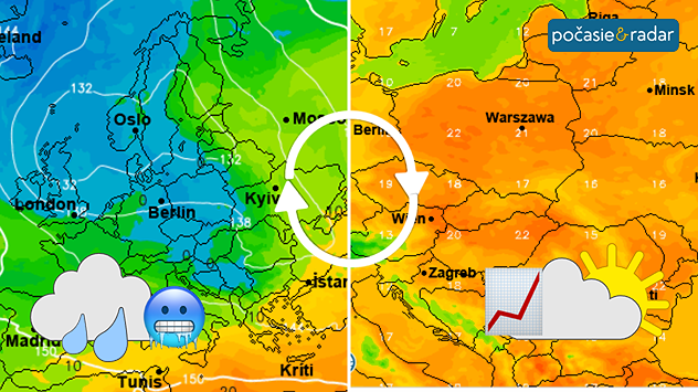 Mapa Európy s chladnejším a daždivým počasím na západe a teplejším počasím smerom na východ