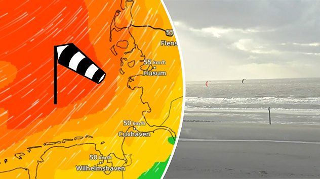 WindRadar zeigt stürmischen Wind an der Nordsee (links) und Webcambild aus Sankt Peter-Ording (c) feratel.com