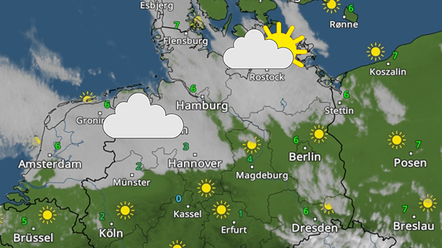 Karte zeigt dichte Wolken über Norddeutschland und Sonne im Süden. Stratusdecke liegt flächig zwischen Hamburg und Hannover. Temperaturen überwiegend zwischen 3 und 7 Grad.