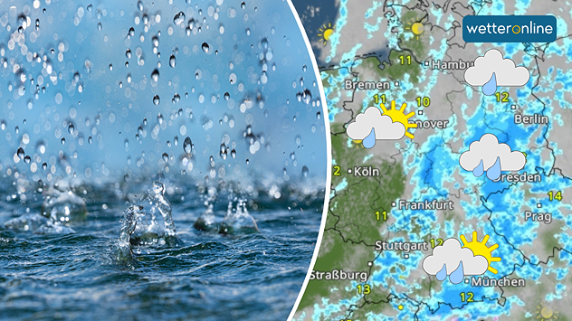 Geteilte Ansicht: Links Regentropfen auf der Wasseroberfläche unter grauem Himmel; rechts das WetterRadar von WetterOnline mit Regen und Wolken.