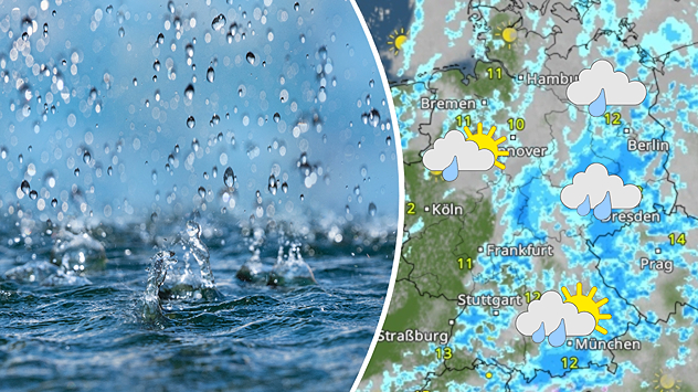 Geteilte Ansicht: Links Regentropfen auf der Wasseroberfläche unter grauem Himmel; rechts das WetterRadar von WetterOnline mit Regen und Wolken.