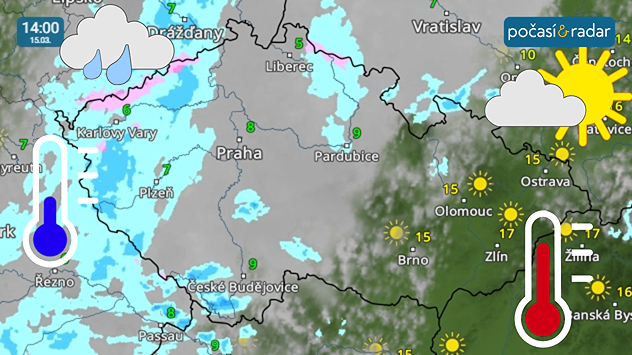 Meteoradar, screenshot, 15. 3. 14:00: O víkendu ovlivní počasí hlavně v Čechách zvlněná studená fronta, která sem přinese zvětšenou oblačnost, občasné srážky a ochlazení.