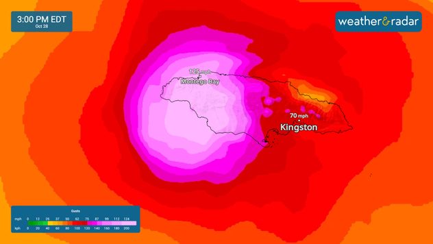 The WindRadar shows hurricane-force winds across western Jamaica.