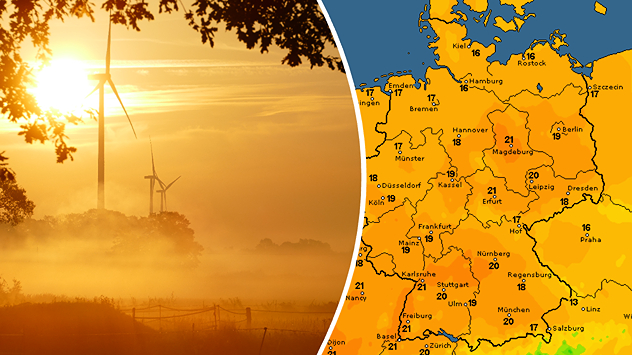 Temperaturkarte mit Werten bis 21 Grad über einer herbstlichen Landschaft mit Sonne, Nebel und Windrädern.