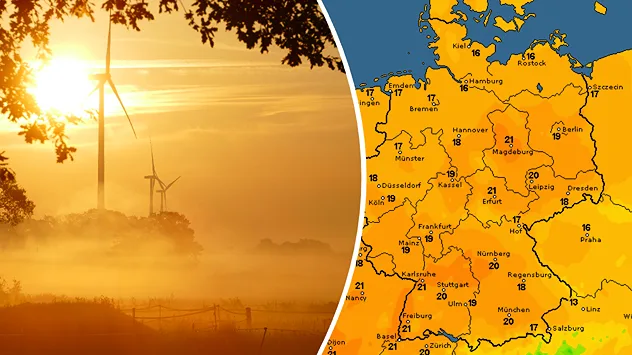 Temperaturkarte mit Werten bis 21 Grad über einer herbstlichen Landschaft mit Sonne, Nebel und Windrädern.
