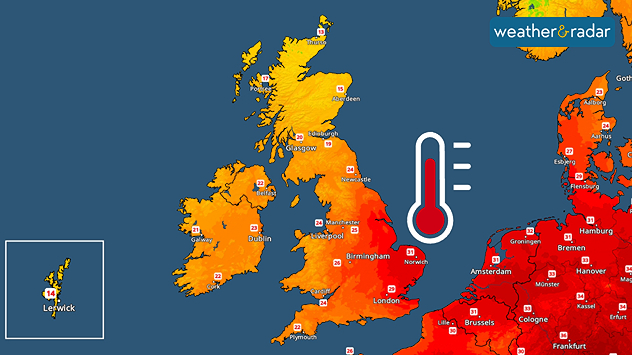 Temperature map of the UK and surrounding areas on Tuesday