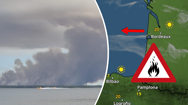 Geteilte Grafik mit einem Foto und einer Wetterkarte. Links steigt dichter dunkelgrauer Rauch von mehreren Brandherden in einem bewaldeten Küstengebiet auf; im Vordergrund ist eine ruhige Wasserfläche zu sehen. Rechts zeigt eine Wetterkarte den Südwesten Frankreichs und Nordspaniens. Ein roter Pfeil weist vom Atlantik auf die französische Atlantikküste und symbolisiert auflandigen Wind. Über Bordeaux wird sonniges Wetter bei etwa 20 Grad angezeigt, über Bilbao ebenfalls Sonnenschein bei rund 27 Grad. Ein großes Warnschild mit Flammensymbol weist auf erhöhte Waldbrandgefahr hin.