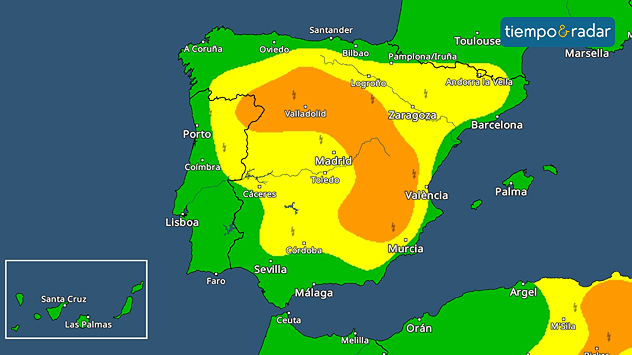 Activas alertas por tormenta este lunes en amplias zonas del centro peninsular, donde podrán ser intensas. 