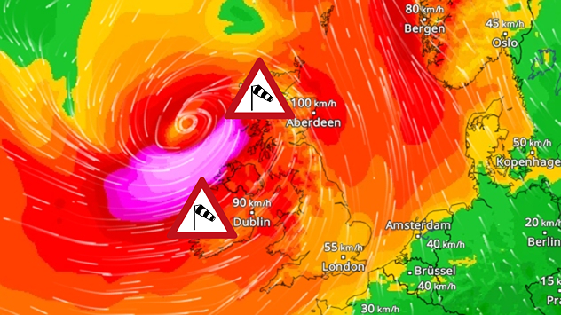 WindRadar voor vrijdag met stormwaarschuwing voor Ierland en Groot-Brittannië