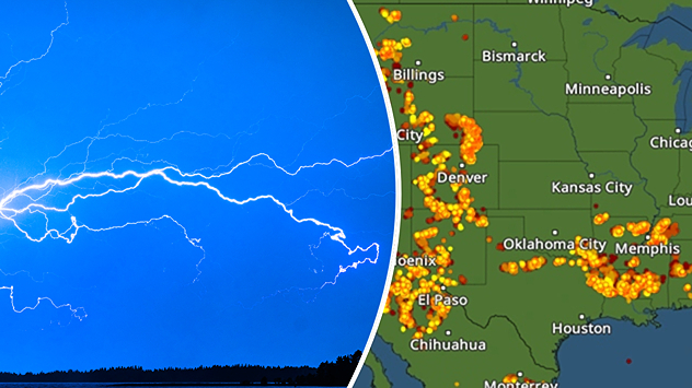 Split image: on the left, a bright flash of lightning in the night sky; on the right, a map of the USA with a dense distribution of lightning symbols in the south and west.