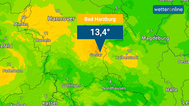 Wetterkarte mit 13,4 Grad in Bad Harzburg, Umgebung mit kühleren Temperaturen.