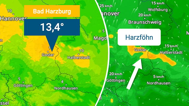 Wetterkarte mit Harzföhn-Effekt bei Goslar und 13,4 °C in Bad Harzburg.