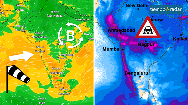 A la izquierda: un mapa de vientos de la India muestra que soplan vientos del oeste, sobre todo en la costa occidental. A la derecha: un mapa de precipitaciones acumuladas muestra, tanto en el centro como a lo largo de toda la costa occidental de la India, cantidades muy elevadas de lluvia en tonos rosados.