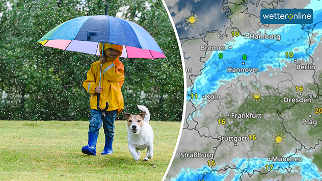 Ein Kind mit Regenschirm läuft im Regen über eine Wiese, neben ihm ein kleiner Hund; daneben ein WetterRadar mit Regengebieten in Deutschland.