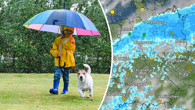 Ein Kind mit Regenschirm läuft im Regen über eine Wiese, neben ihm ein kleiner Hund; daneben ein WetterRadar mit Regengebieten in Deutschland.