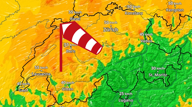 Radar-Wetterkarte der Schweiz mit orange-grünen Windfeldern und einem Windsack als Symbol für starken Wind.