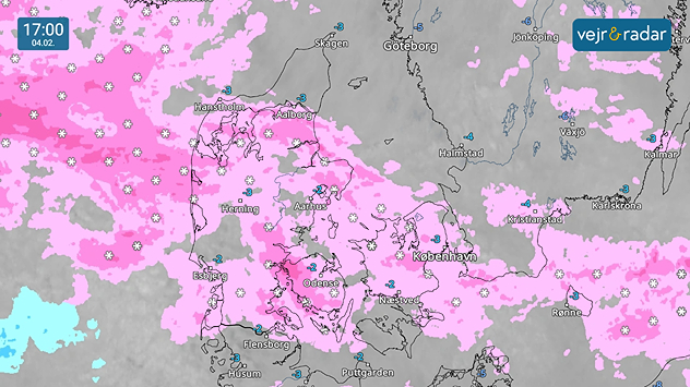 Vejrradar over Danmark kl. 17.00 den 4. februar med udbredte snebyger over store dele af landet.