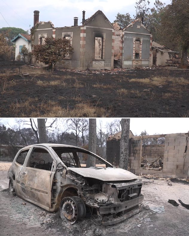 Zerstörtes Wohnhaus und ausgebrannter Pkw nach einem Waldbrand in einer stark betroffenen Siedlung.