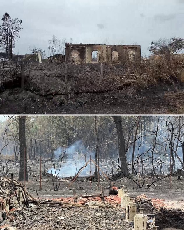 Zerstörtes Wohnhaus und ausgebrannter Pkw nach einem Waldbrand in einer stark betroffenen Siedlung.