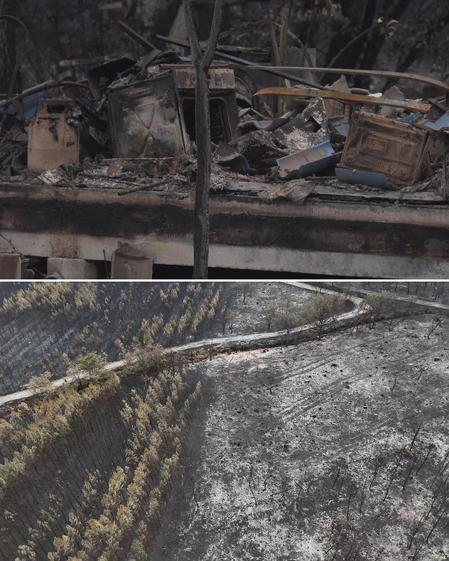 Collage mit ausgebrannten Häusern, verkohlten Wäldern und einer Luftaufnahme der Brandfläche nach schweren Waldbränden.