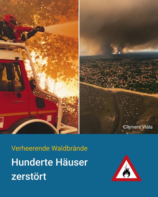 Feuerwehr löscht einen Waldbrand, daneben eine Luftaufnahme einer riesigen Rauchwolke über einer Küstenlandschaft.
