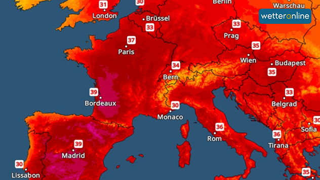 TemperaturRadar mit den Höchstwerten am Mittwoch in Europa. Besonders Spanien und Südwestfrankreich sind mit Temperaturen bis 39 Grad markant hervorgehoben.