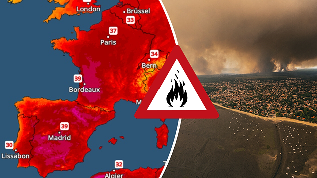 Kombigrafik mit Temperaturkarte für Südwesteuropa und Drohnenaufnahme eines Waldbrands bei Cap Ferret. Ein Warnsymbol mit Flamme weist auf die erhöhte Waldbrandgefahr hin.