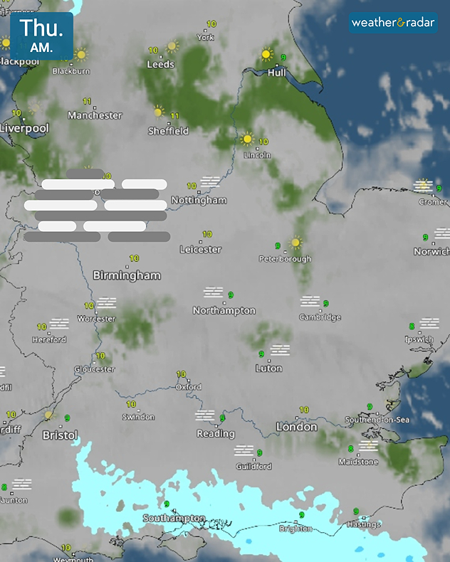 Weather map for Thursday morning showing widespread cloud and fog patches across central and southern England, with temperatures of 8–11°C.