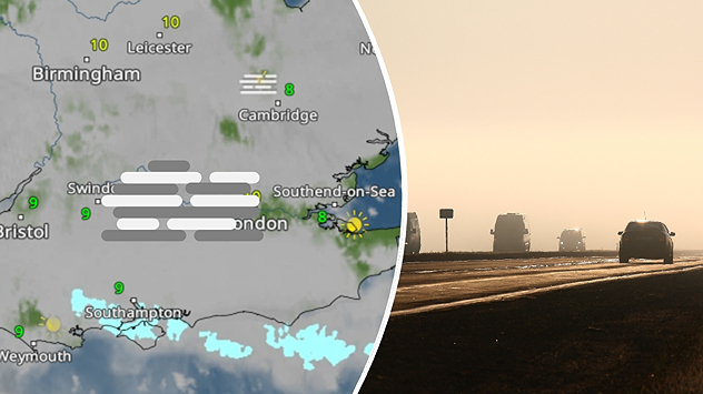 Split image showing a fog forecast across southern England with temperatures of 8–9°C, alongside cars driving through dense mist on a sunlit road.