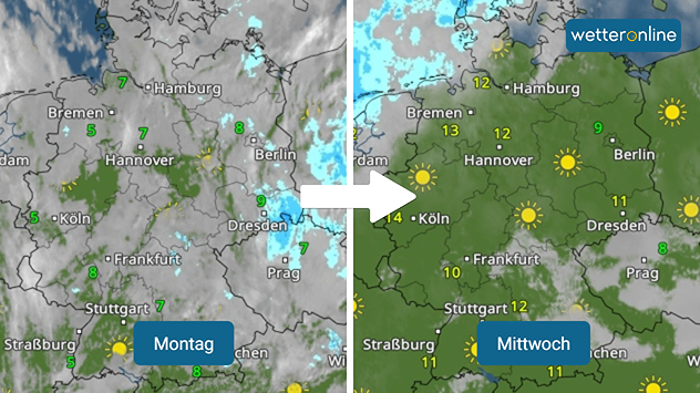 Die Wetterkarte zeigt einen Vergleich zwischen Montag und Mittwoch. Während Montag noch wolkig und regnerisch ist, bringt Mittwoch vielerorts Sonne und mildere Temperaturen.