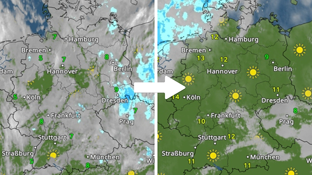 Die Wetterkarte zeigt einen Vergleich zwischen Montag und Mittwoch. Während Montag noch wolkig und regnerisch ist, bringt Mittwoch vielerorts Sonne und mildere Temperaturen.