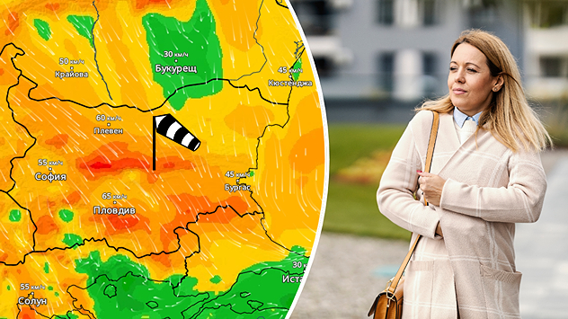 Отляво: карта на вятъра за сряда, показваща умерени до силни пориви над страната Отдясно: снимка на жена която се е загърнала с якетео си за да се стопли в студеното и ветровиво време