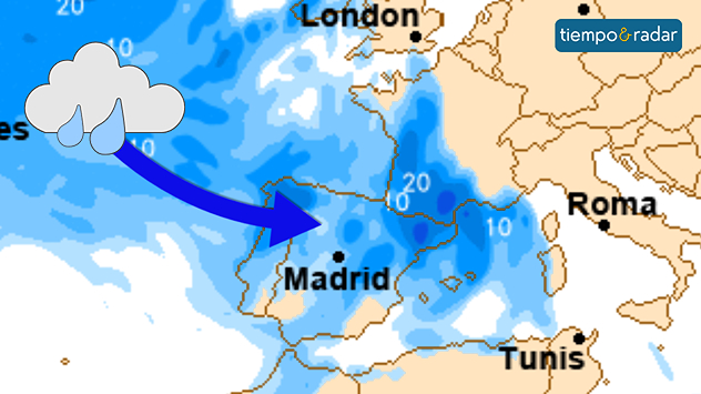Mapa de precipitación prevista a corto plazo en España, presente en casi toda la Península. 