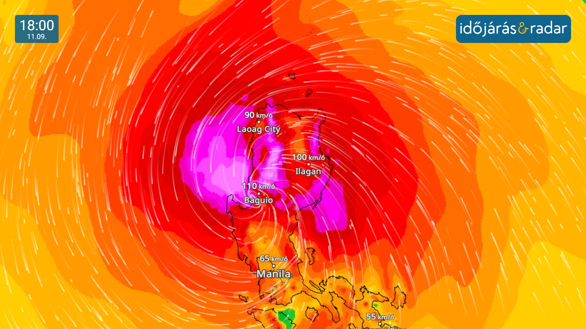 Az időjárási térkép egy trópusi ciklon látható a Fülöp-szigetek felett, amelynek központja Manilától keletre található