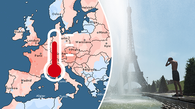Split image showing a European temperature anomaly map with widespread warmer-than-average conditions on the left and a poerson cooling off beside a fountain near the Eiffel Tower during hot weather on the right.
