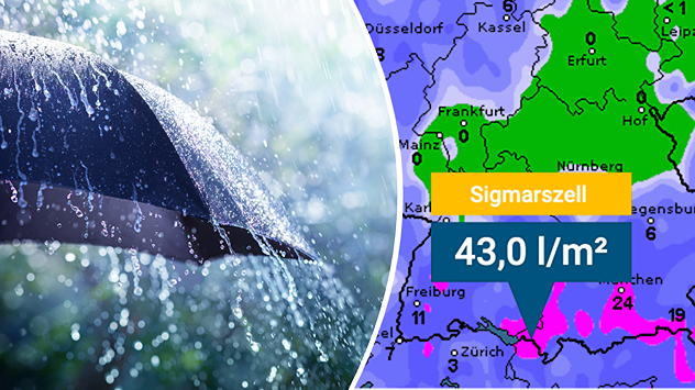Links: Regenschirm mit Regen. Rechts: Regensummenkarte