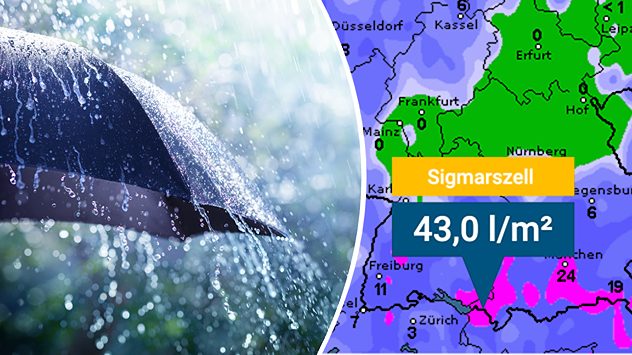 Links: Regenschirm mit Regen. Rechts: Regensummenkarte (c) Romolo Tavani/Shutterstock.com