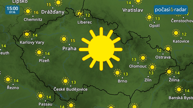 Meteoradar, screenshot, 27. října 15:00: Úterý bude slunečné a odpoledne naměříme až 15 °C.