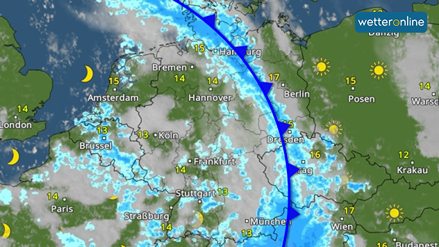 WetterRadar mit Kaltfront über Deutschland. Regen zieht ostwärts und erfasst in der Nacht zum Mittwoch die östlichen Landesteile.
