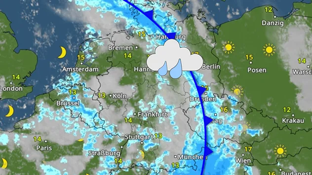 WetterRadar mit Kaltfront über Deutschland. Regen zieht ostwärts und erfasst in der Nacht zum Mittwoch die östlichen Landesteile.