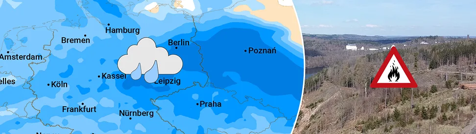 Kombination aus Regenkarte und Wald mit Warnschild für Waldbrandgefahr.