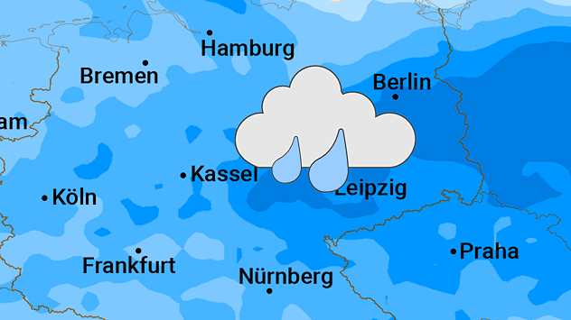 Niederschlagskarte mit Regensymbol über dem Osten Deutschlands und verbreitetem Regen.