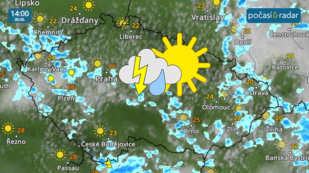 Meteoradar, screenshot, 30. 5. 14:00: Během víkendu bude nad Českem přibývat oblačnosti; místy se přidají i přeháňky a bouřky.